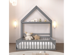 Cama infantil estilo cabaña de madera maciza de 140 x 200 cm con perchero gris.