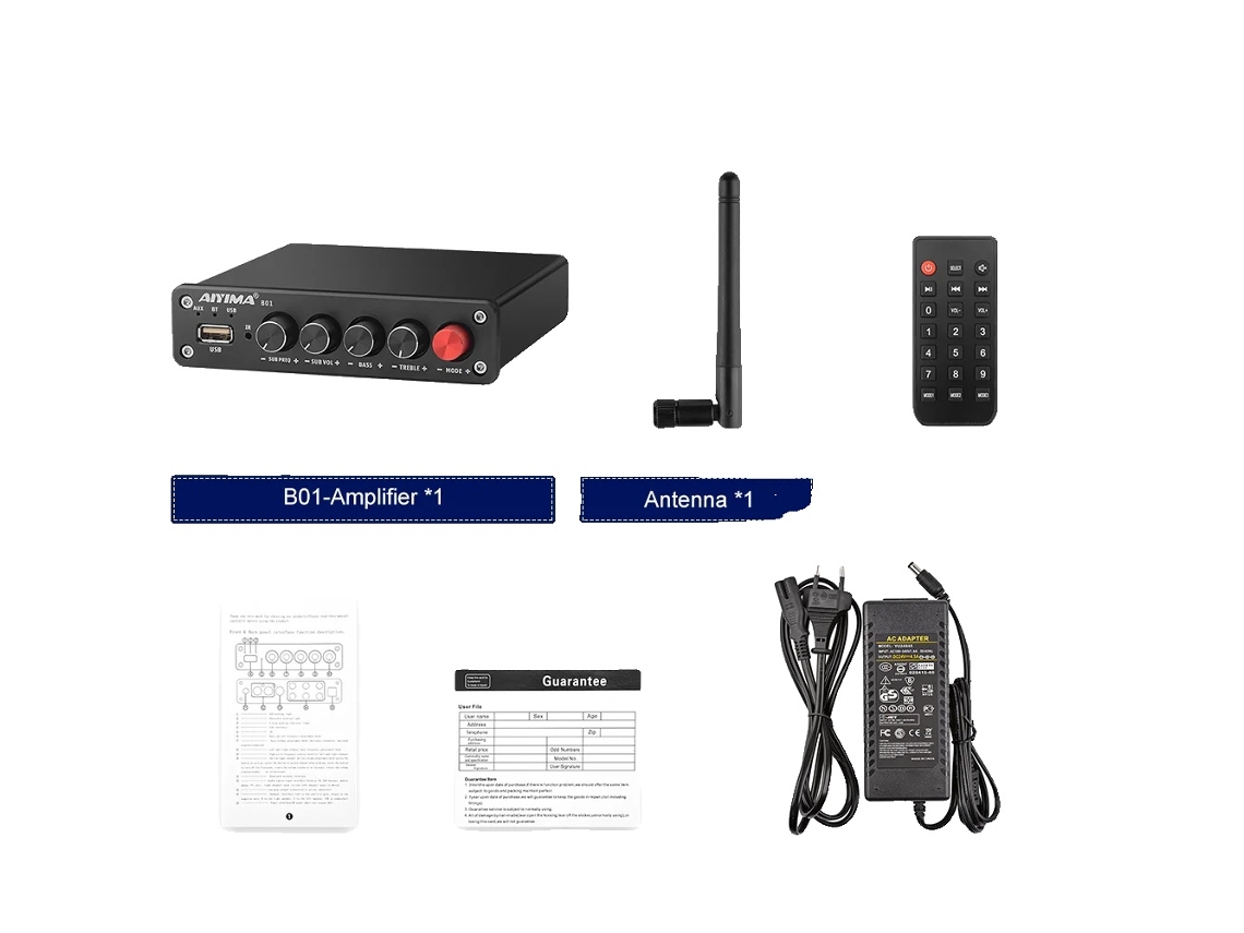 Amplificador Bluetooth Aiyima B01 (50 W x 2, salida de 100 W, compatible con subwoofer B01 con adaptador OEM de la UE)