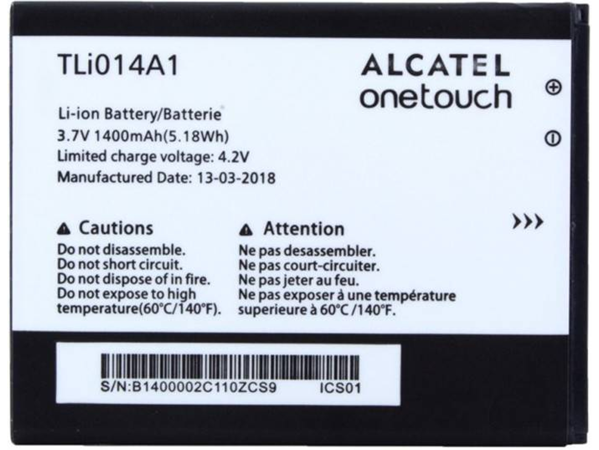 Bateria Alcatel Li-Ion TLi014A1 One Touch 4010D 4030D 5020D 4012D 1400mAh