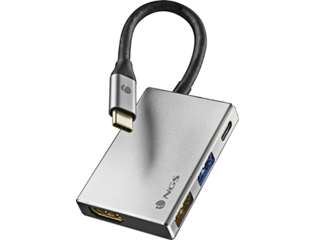 Adaptador Hub Tipo-C NGS Wonder Dock 4 (HDMI 4K, USB3.0 y Cargador PD 60W - Plata - 6 x 4 x 1 cm)