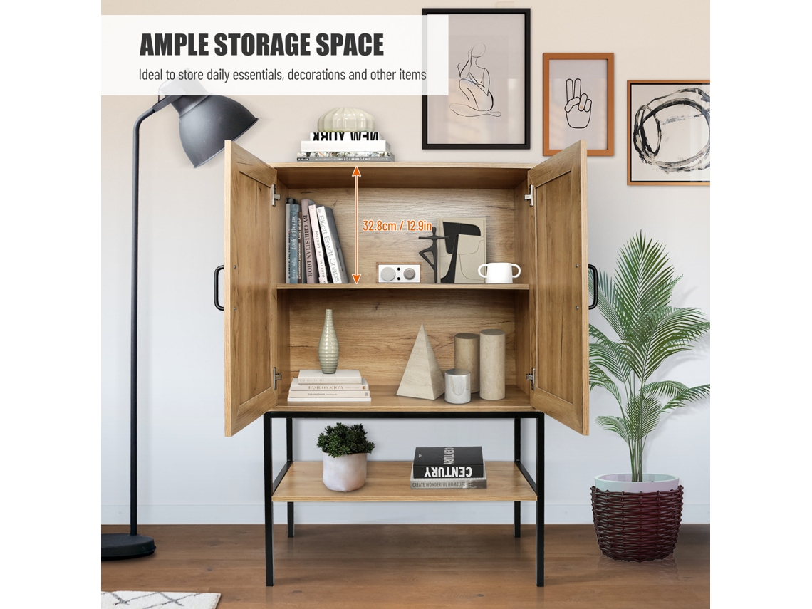 Mueble rústico de madera con 2 puertas, librería de 2 niveles, librería inferior, aparador, mueble elevado con pata de hierro, almacenaje independiente