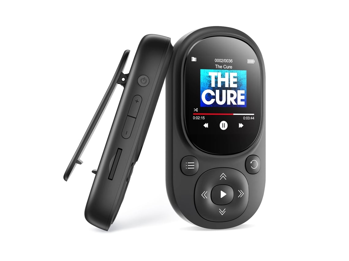 Reproductor MP3 de 32 GB, compatible con Bluetooth 5.3, sonido HiFi, pantalla de 1,5 pulgadas, reproductor MP3 portátil con clip, color negro Sfushos