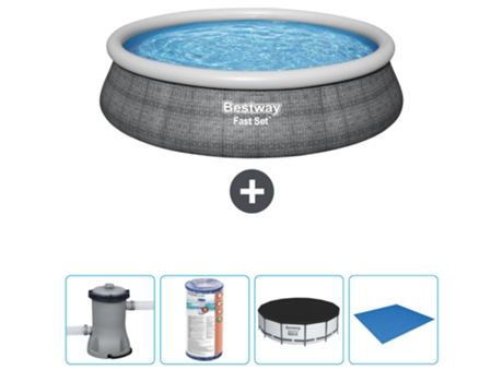 Piscina hinchable redonda Fast Set BESTWAY - Estampado ratán - 457 x 84 cm - Bomba incluida Filtrar - Cubrir - Suelo