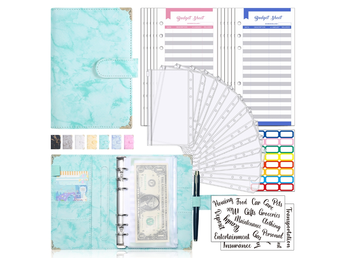 Cuaderno Siurn A6 de hojas sueltas en piel sintética, juego de sobres para presupuestos de caja, color verde