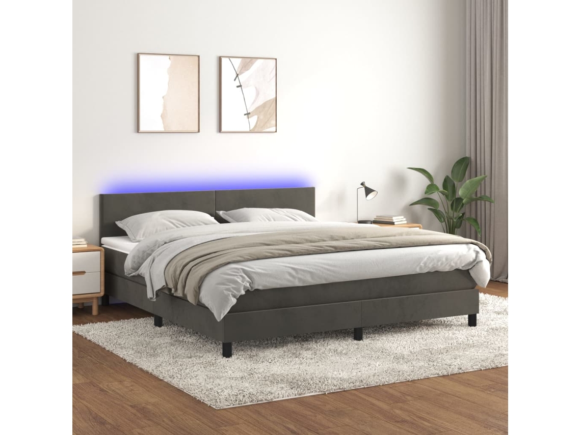 Cama box spring colchón y LED terciopelo gris oscuro 160x200 cm