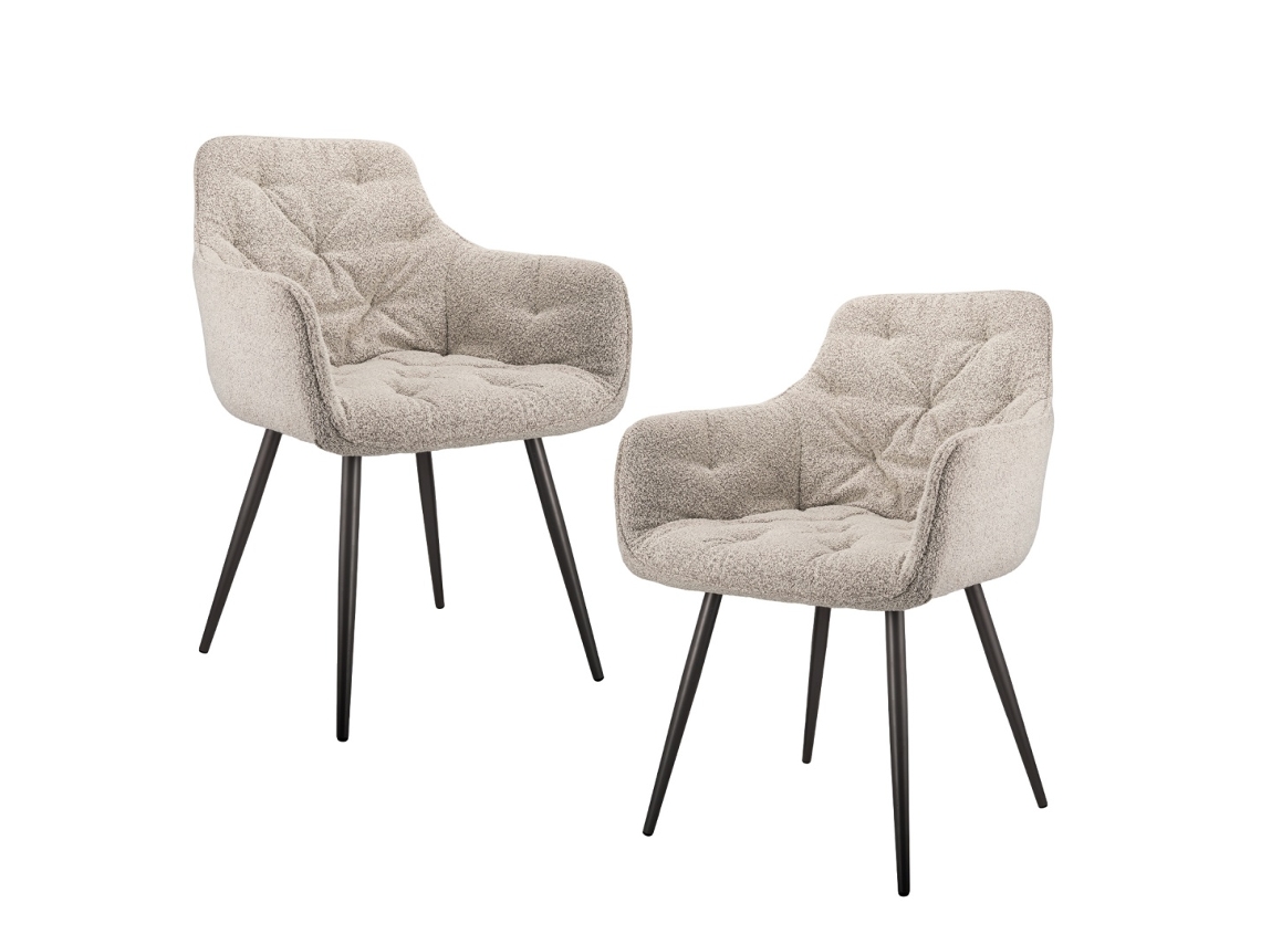 Silla Tapizada Bouclé Con Reposabrazos Set 2 Unidades Diseño Ergonómico Patas Metal Negro Beige