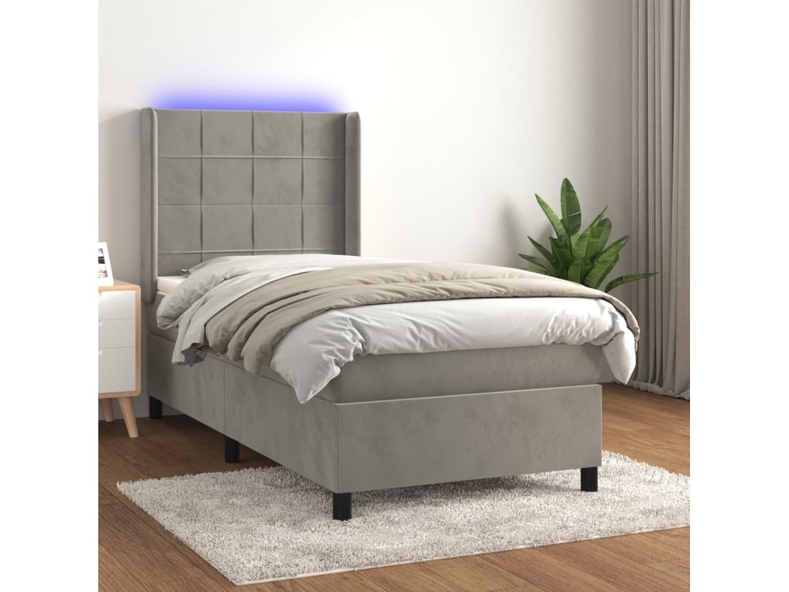 Cama Box Spring Colchón Y Led Terciopelo Gris Claro 90x190 Cm