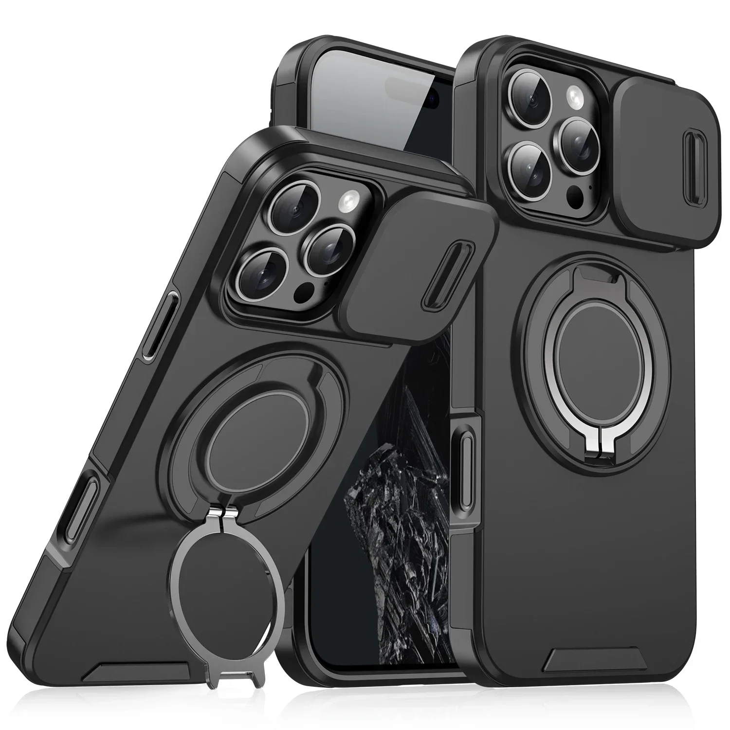(iphone 16, Negro) Funda Deslizante Magnética Resistente Para Iphone, Protección Para La Cámara