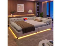 Sofá Cama De Lino Beige, 140x200 Cm, Iluminación Led, Puerto Usb-c, Cabecero Tapizado.
