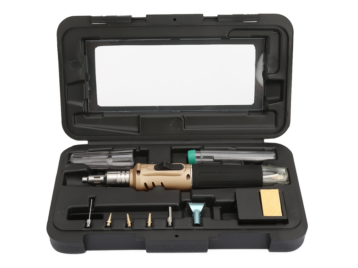 Ferro de soldar a gás butano sem fio Hs-1115k de 10 peças, kit multifuncional de soldagem e maçarico (ouro)