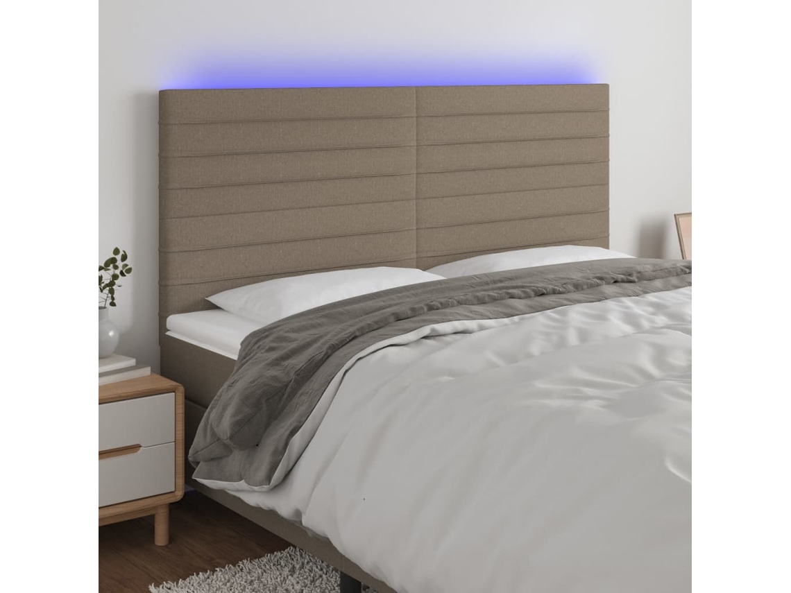 Cabecero De Cama | Panel De Cabecero Con Luces Led Tela Gris Taupe 200x5x118/128 Cm