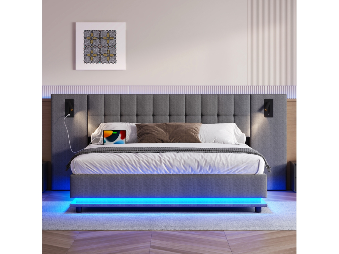 Cama Tapizada 180x200cm Lino, Led, Proyector De Noche, Usb, Capacidad 200kg, Cómoda, Práctica, Sin Colchón, Gris