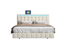 Cama para adultos de 140 x 200 cm - Cama flotante con LED y 2 puertos USB - Estructura de cama - Tejido de lino - Gris