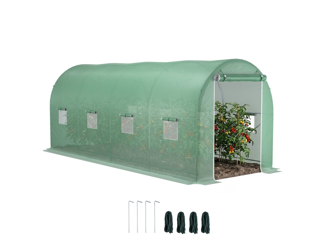 Estufa Tipo Túnel 500x200x205 Cm Estufa De Jardim Com Porta Enrolável E 8 Janelas Cobertura De Pe 140 G/m² Verde