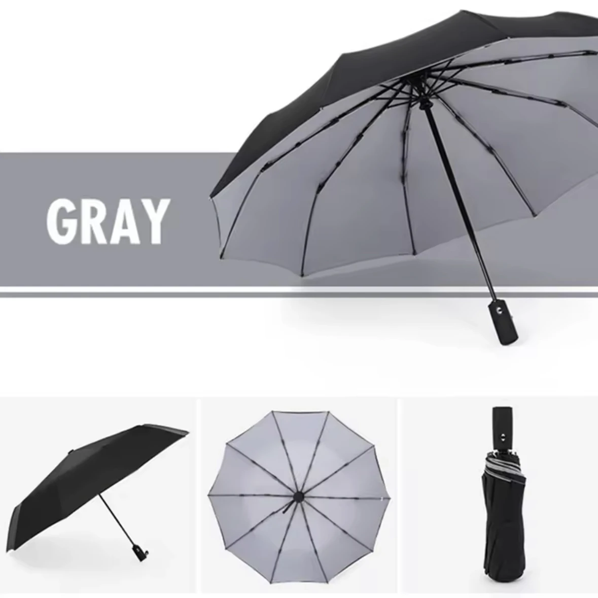 Paraguas Automático Extragrande De Goma Con Mango Largo Y Doble Capa Para Protección Solar (gris)