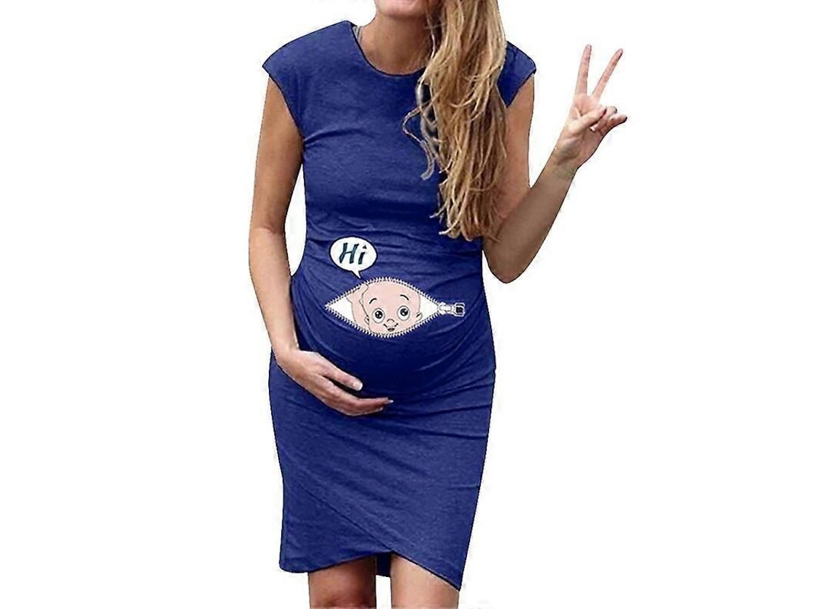 Vestido casual de maternidad Suelto Plus Size con estampado de dibujos animados y letras para mujer Embarazada Azul M