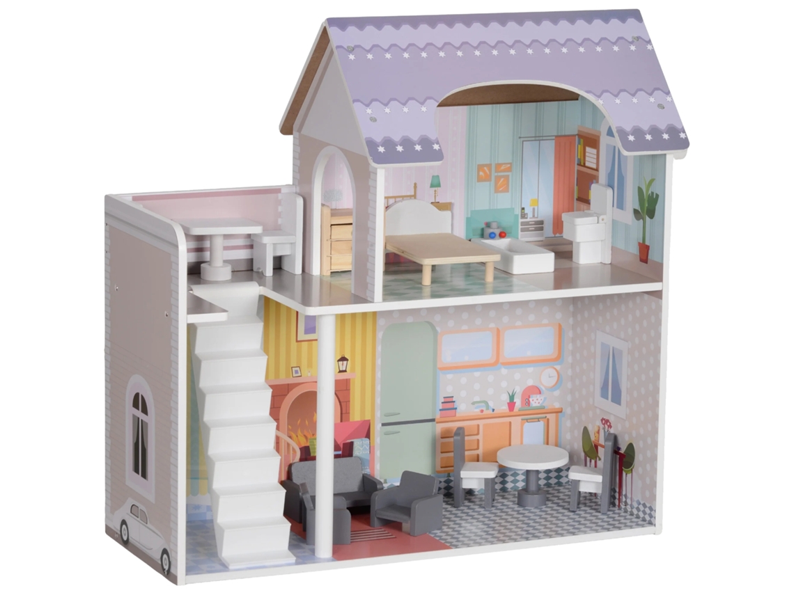 Casa de muñecas con muebles, 60 cm de alto, 2 plantas, 13 accesorios incluidos, construcción segura de MDF, apta para niños a partir de 3 años.