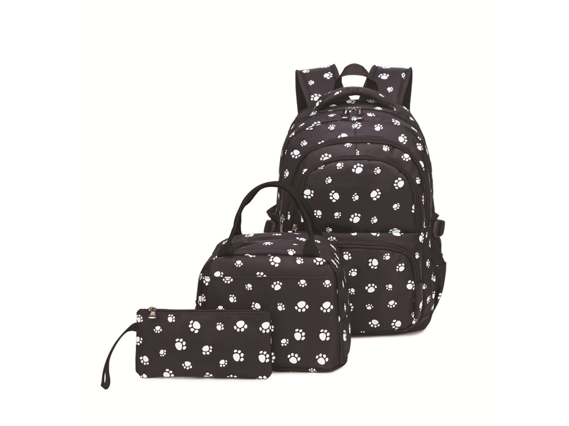 Mochila estampada, mochila para estudiantes, conjunto de tres piezas, negra, 19 pulgadas