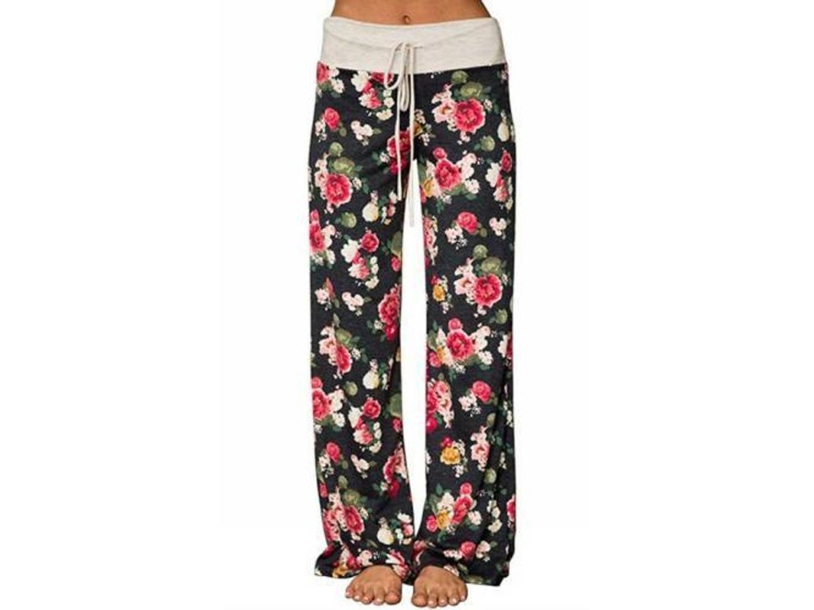 2026-pantalones De Amplios Con Estampado Floral Elástico Para Mujer, Cómodos Con Cordón Ajustable M Black3