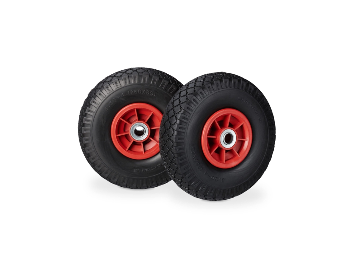 Relaxdays 2x Ruedas De Carretilla, Neumáticos De Goma, 3.00-4, Eje De 20mm, Hasta 80 Kg, 260x85 Mm, Negro-rojo