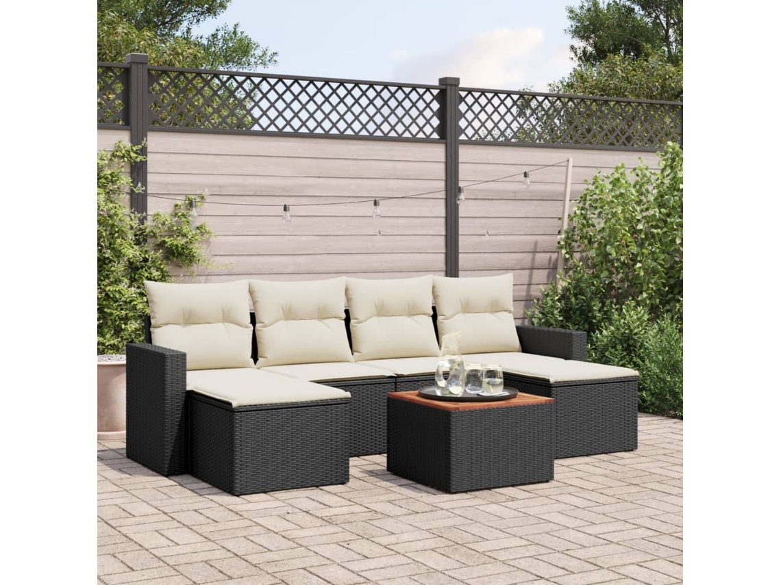 Conjunto de sofá de jardín de 7 piezas con cojines, ratán negro, Dkd Home Decor