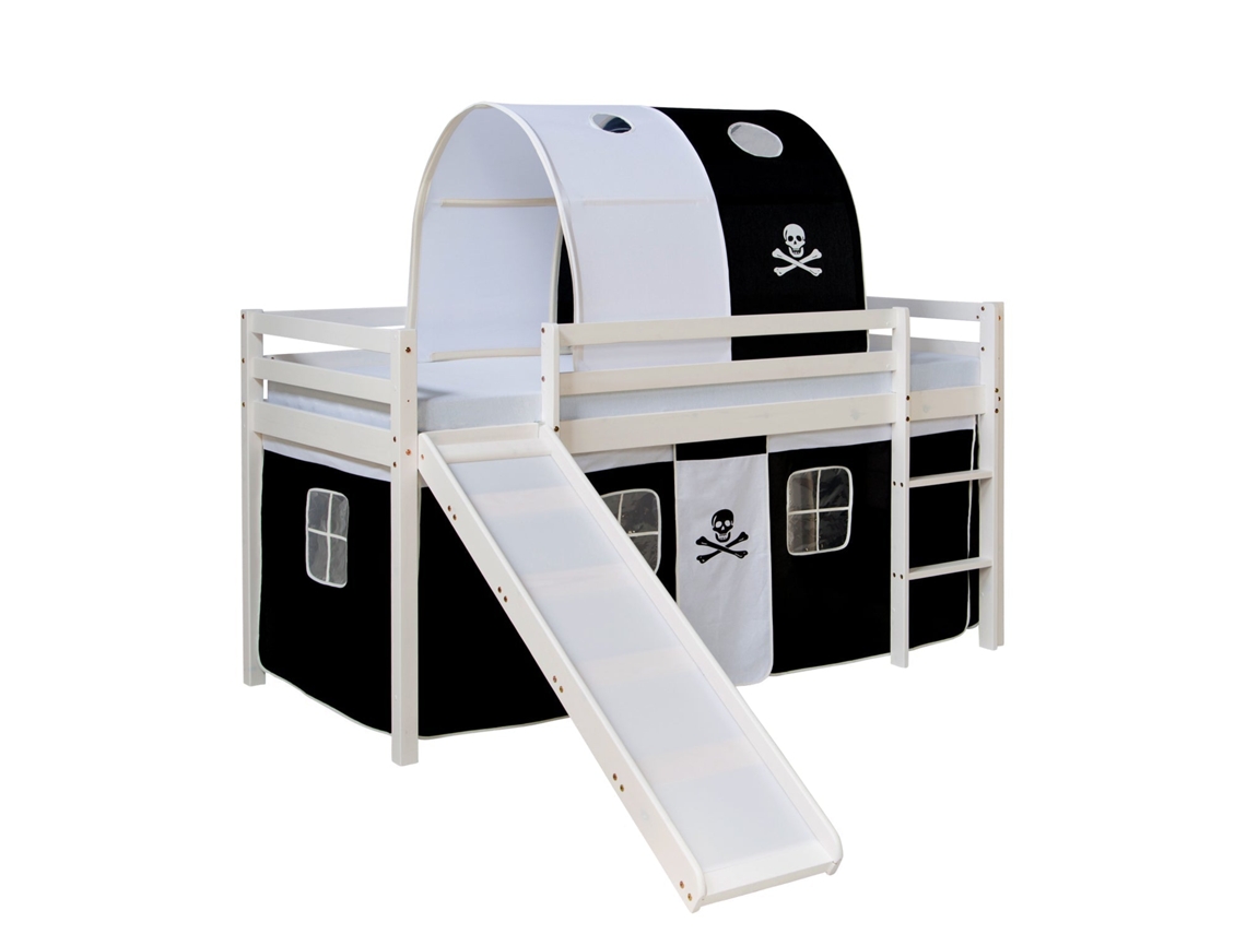 Cama Alta Infantil Con Somier Tobogán Túnel Y Cortina Diseño Pirata Negro 90 X 200 Cm Lit06196