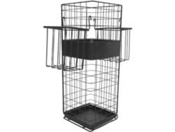 Soporte para paraguas GOKOCO de hierro negro con cesta y ganchos integrados, bandeja metálica, capacidad de carga y superficie antideslizante.