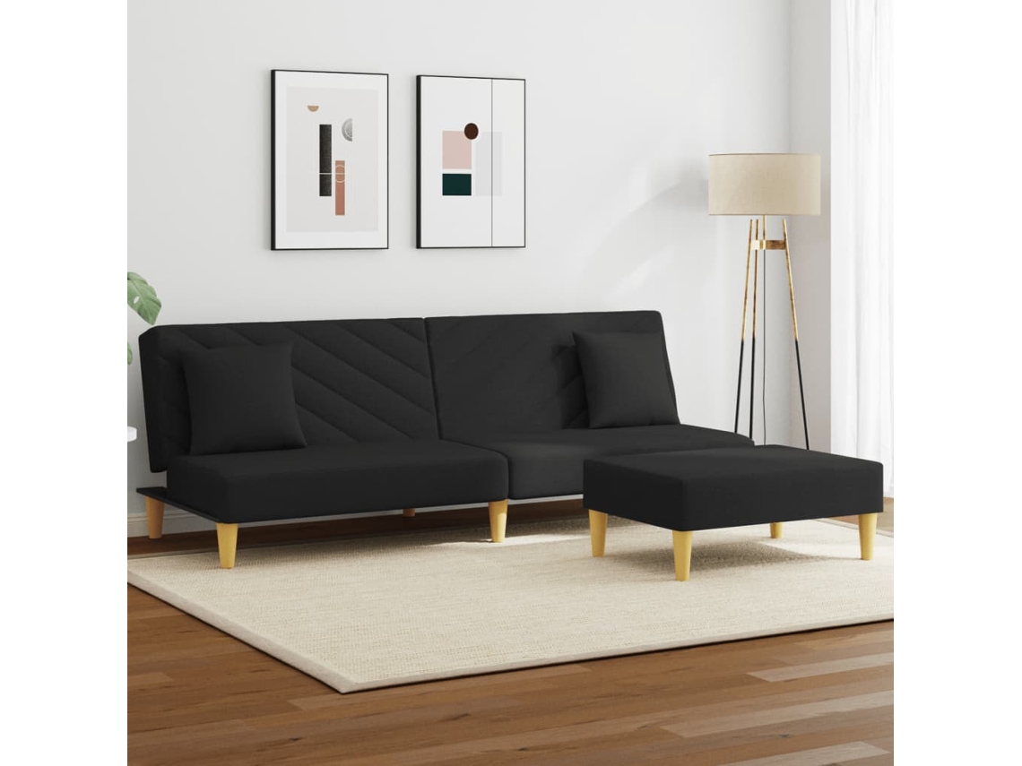 Sofá Cama De 2 Plazas Con Almohadas Y Taburete Tela Negro