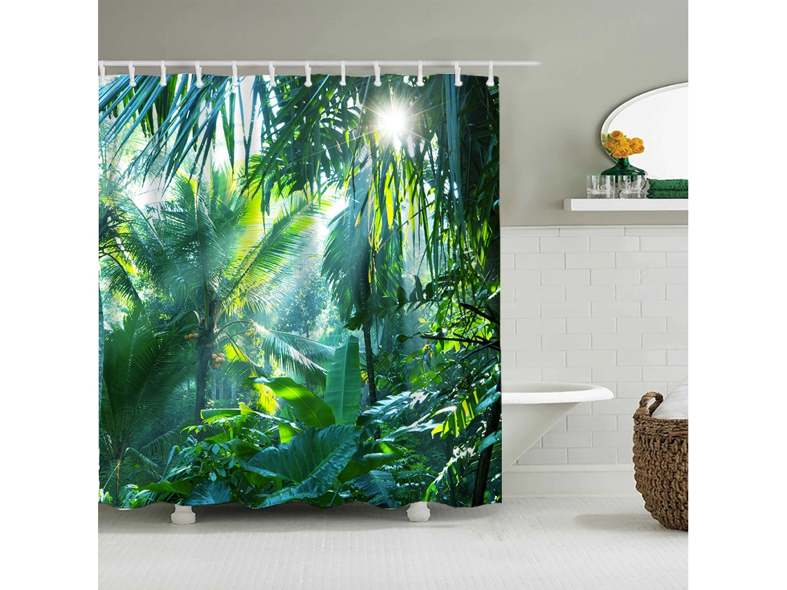Cortina de ducha verde bosque, 180 x 200 cm, diseño de plátano y selva tropical