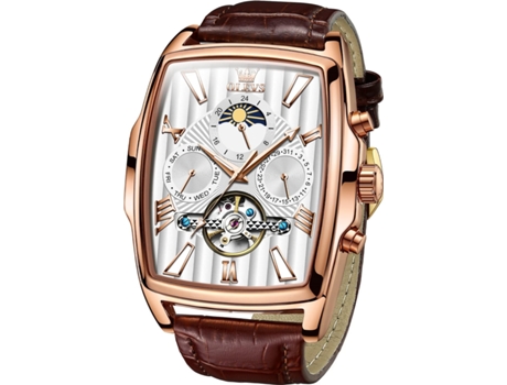 VEANXIN Mecánico Cuadrado Fase Lunar Hueco Tourbillon Semana Fecha Luminoso Reloj Impermeable para Hombre(Marrón)