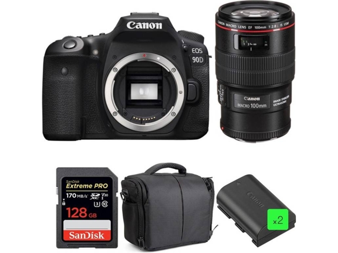 Kit Cámara Réflex CANON EOS 90D + EF 100mm f/2.8L Macro IS USM + SanDisk 128GB + 2 LP-E6N + Bolsa