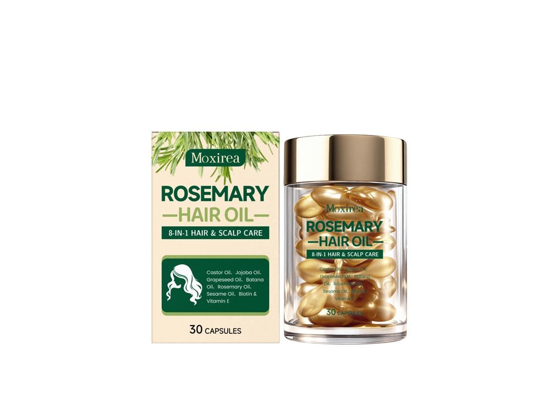 Cápsulas de aceites esenciales para el cuidado del cabello con romero