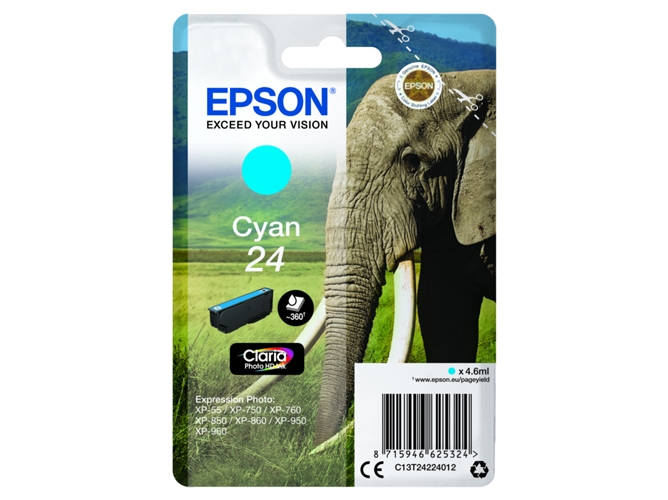 Cartucho de tinta original EPSON, Tinta Claria Photo , 24, Elefante 4,6 ml , Cian, C13T24224012, T2422