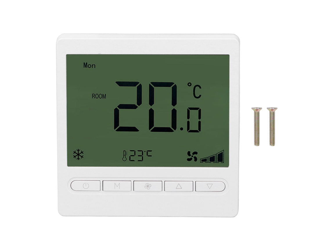 Termostato inteligente Primerox para unidades fan-coil, con pantalla LCD, 220 V y protección contra interferencias para uso residencial.