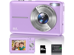 Cámara digital portátil de 44 MP con vídeo 1080p, pantalla LCD de 2,4", zoom digital de 16x y ranura para tarjeta MicroSD de 32 GB TOMMY01