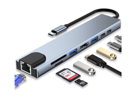 Adaptador USB C 8 en 1 con HDMI tipo C 4K 100W Pd Puerto USB C USB 3.0 Ethernet Rj45 Sd/TF Estación de acoplamiento para lector de tarjetas Gris