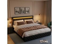 Cama De Poliuretano Negro De 140x190 Cm Con Iluminación Led, Base De Láminas Hidráulicas Y Almacenamiento Moderno.