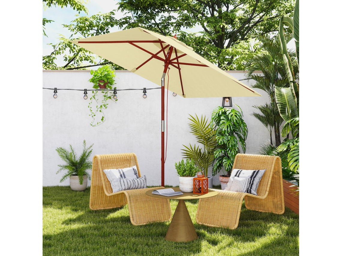 Guarda-sol Retangular De Jardim 200x150x235 Cm, Inclinável, Com Proteção Uv E Haste De Madeira Para Terraço E Pátio, Bege.