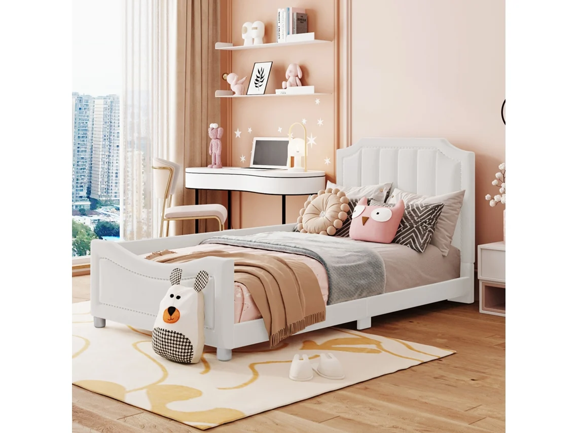 Cama Infantil De Franela Beige, 90x200 Cm, Sofá Cama, Con Brazos, Respaldo Y Multifuncional.
