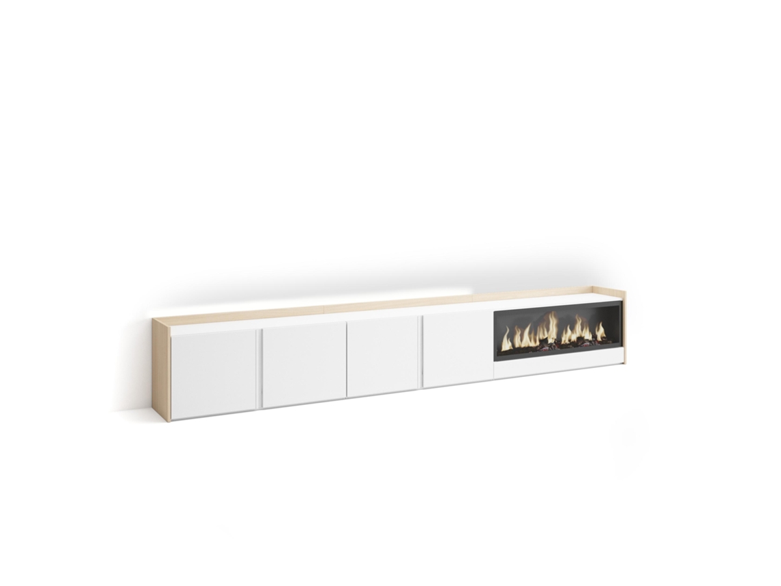Mueble Tv, Televisión, 315x35x50cm, Para Tv Hasta 80", Chimenea Eléctrica Xxl, Led, Blanco Y Roble Soft