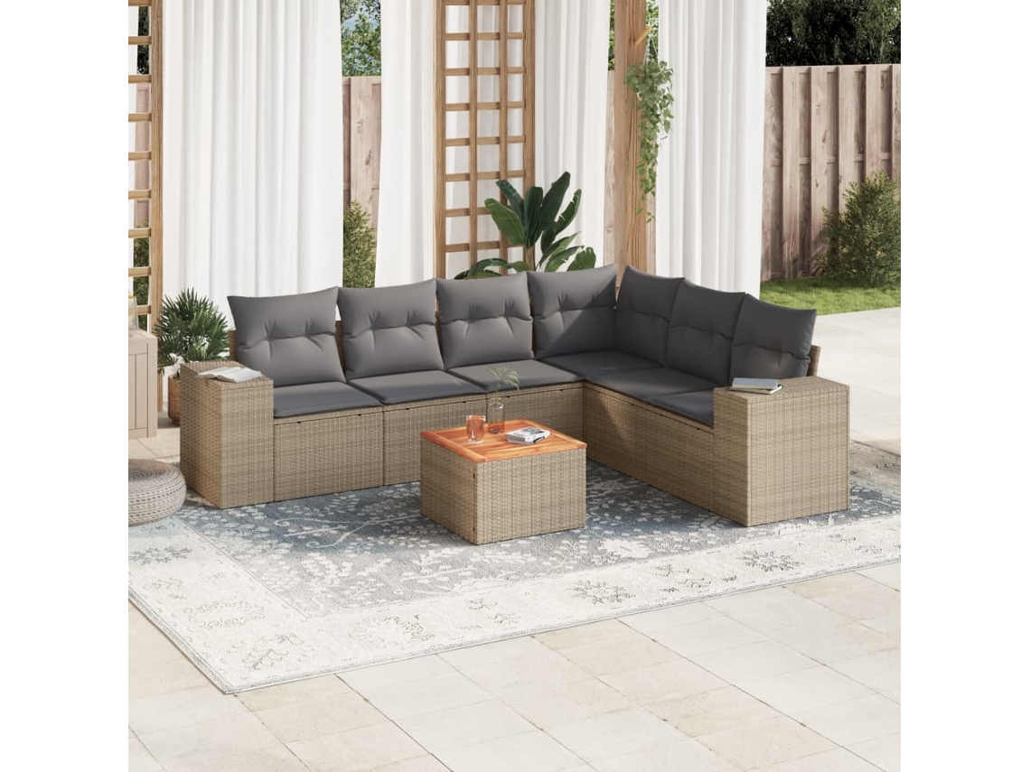 Conjunto de sofá de jardín de 7 piezas con cojines, mimbre sintético beige, Dkd Home Decor