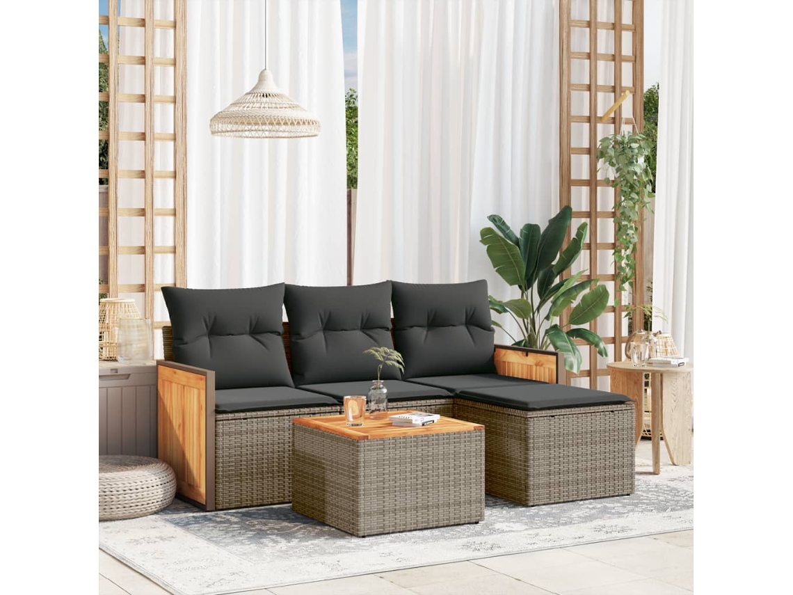 Conjunto de sofá de jardín de 5 piezas con cojines, ratán gris, DKD Home Decor