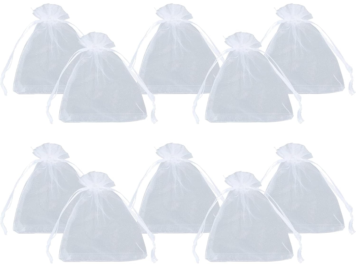 Bolsas de organza blancas de 9 x 12 cm con cordón (100 unidades) para embalar y organizar joyas y pequeños regalos.