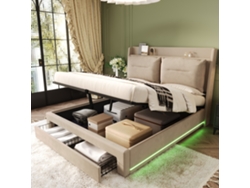 Cama De Terciopelo De 180x200 Cm, Color Beige, Con Paneles Laterales Con Iluminación Led, Cajones, Espacio De Almacenamiento Y Somier De Láminas.