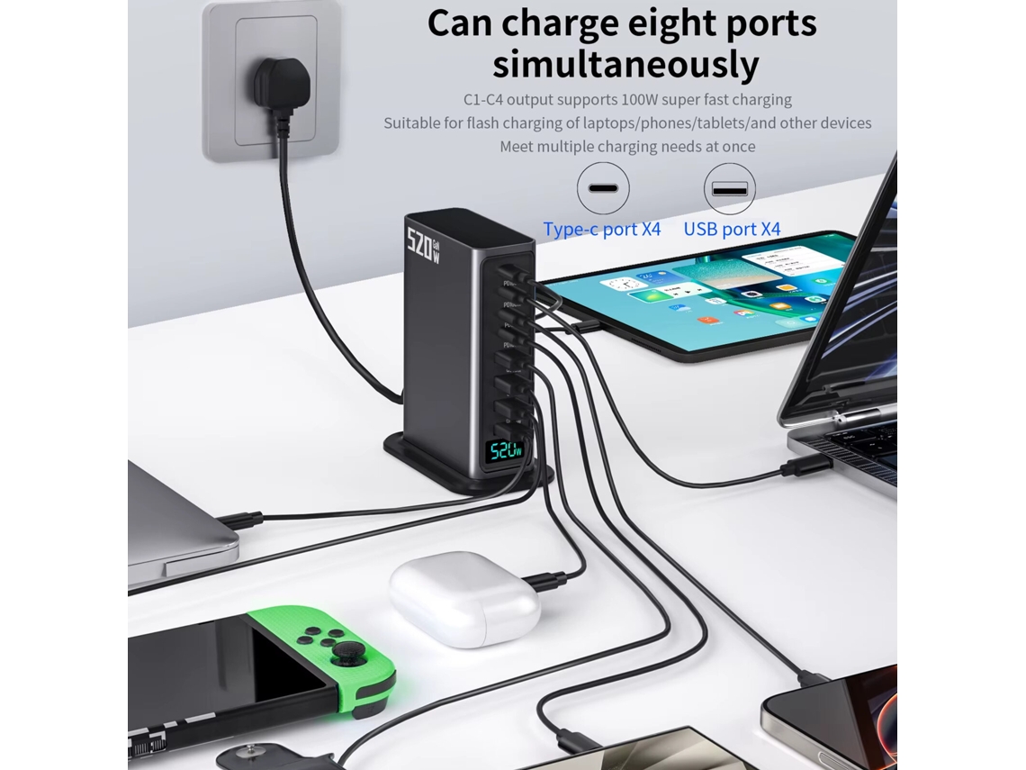 Gan Tech Cargador Bakeey De 520 W Con 8 Puertos Usb Pd, 4 Usb-a 4 Usb-c Pd Qc Scp Pps, Estación De Carga Rápida Digital De Escritorio