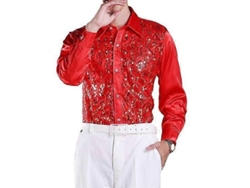 Camisa De Lujo Para Hombre Con Lentejuelas Cuello Lapel Manga Larga Slim Fit Formal Para Boda Y Escenario Rojo L
