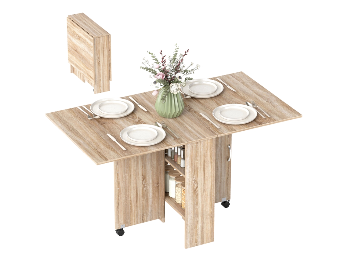 Mesa De Comedor Plegable De Dos Paneles, Con Capacidad Para 6 Personas, Equipada Con Estantes Y Ruedas Integradas, Fabricada En Madera Natural.