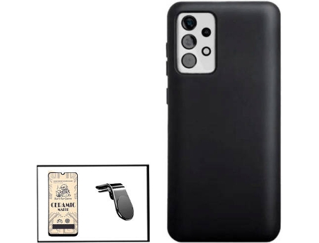 Kit Cristal Templado CeramicGlass Full Cover, Funda Silicona y Soporte Magnético L Safe Driving Coche Samsung Galaxy M32 5G PHONECARE Negro