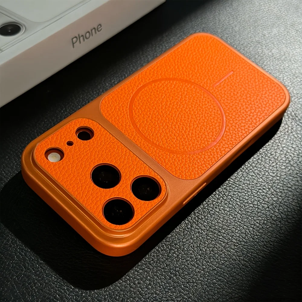 (iphone 13 Pro Naranja) Funda Magnética Para Teléfono, Compatible Con Magsafe Y Carga Inalámbrica De Cuero Sintético.