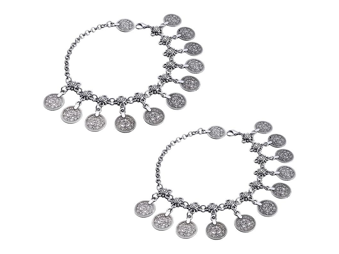 2pcs Pulseras Para Tobillo Étnicas Con Monedas Y Borlas Boho Ajustables Plata
